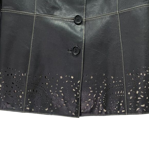 Vintage Classiques Entier Black Leather 3-Button Blazer Lasercut Trim Sz 10 Y2K - Picture 4 of 15